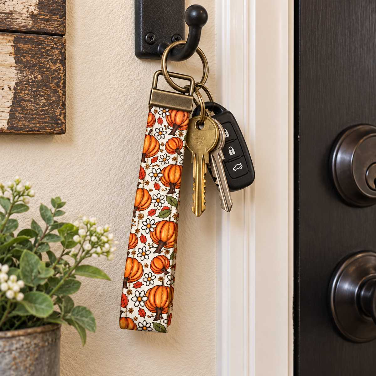 Pumpkin Keychain with Floral Design, Key Fob Wristlet, Ideal for Keys and Accessories, Perfect for Fall Decor