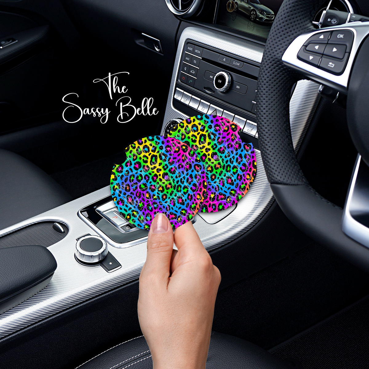 Rainbow Leopard Neoprene Car Coasters Set of 2 | Colorful Cheetah Print Cup Holder Coasters | Cute Girly Car Accessories for Women