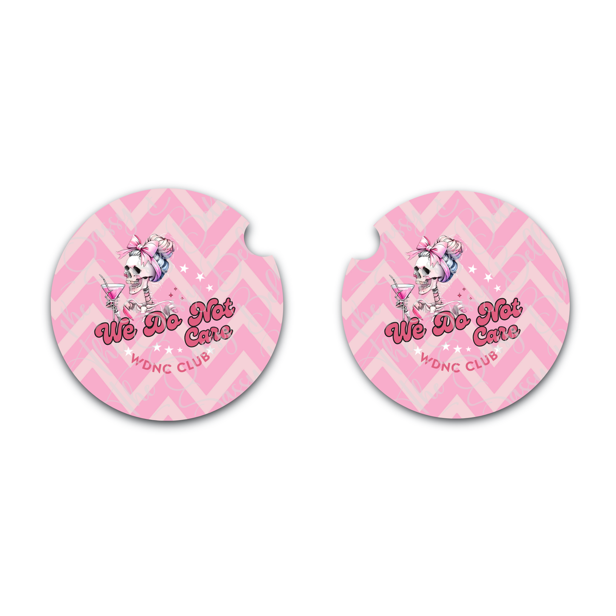 We Do Not Care Neoprene Car Coasters Set of 2 | Funny Pink Skull Car Cup Holder Coasters | Soft 2.75" Girly Car Accessories | WDNC Club Gift